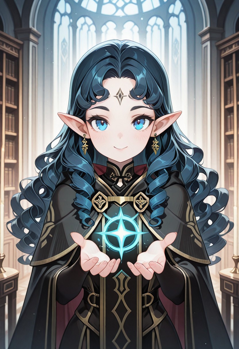 masterpiece, best quality, amazing quality,,<lora:afkArenaIllustrious:1>
afkarenastyle,
1girl, female elf, solo, casting spell, magic aura, portrait, female focus, slim, long hair, hair swept to one side, light skin, smile, looking at viewer, outdoors, beautiful, black cloak with gold trimming, earrings, indoors, arcane library, Curly Amy, blue eyes, pale complexion, black curly hair