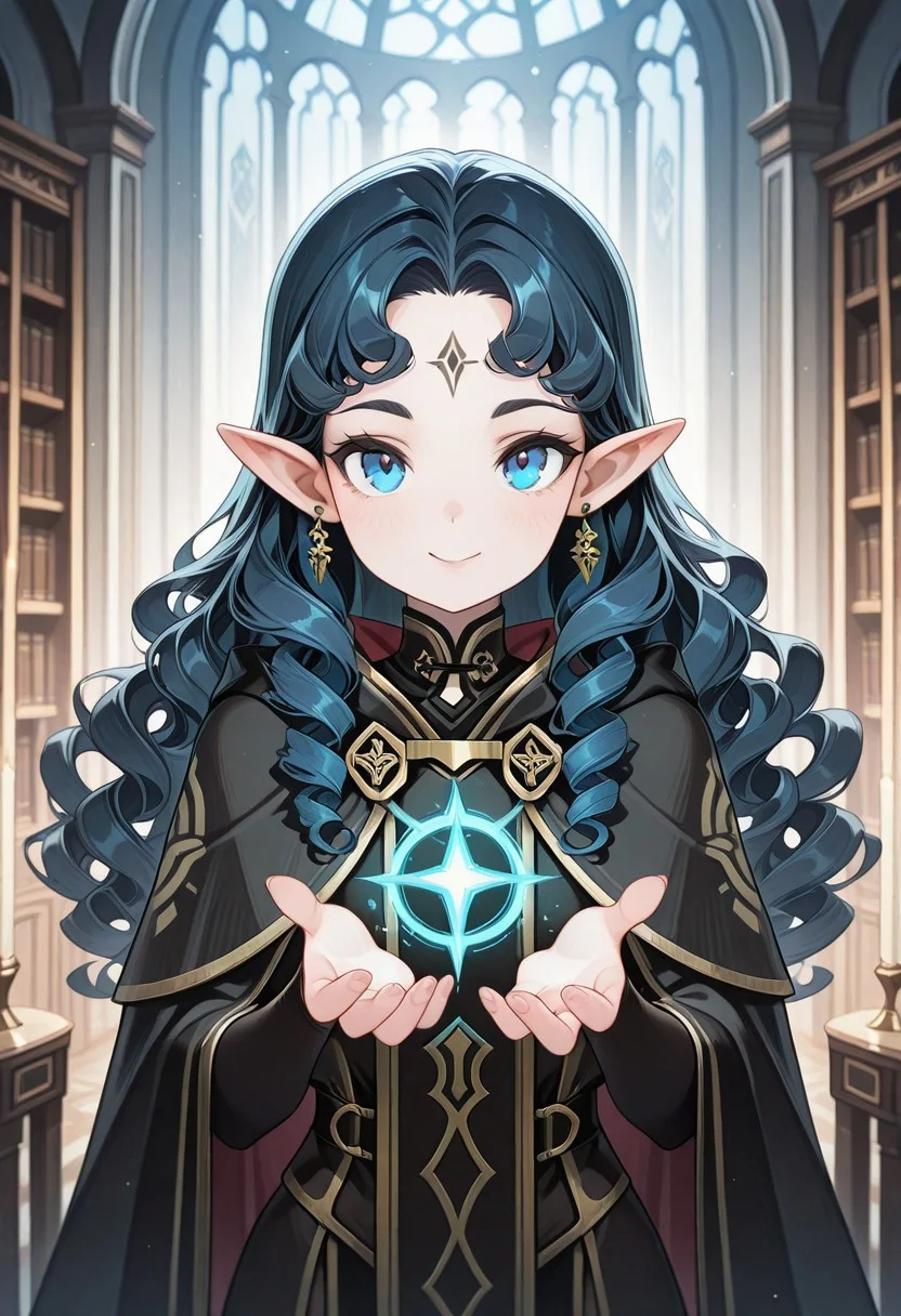 masterpiece, best quality, amazing quality,,<lora:afkArenaIllustrious:1>
afkarenastyle,
1girl, female elf, solo, casting spell, magic aura, portrait, female focus, slim, long hair, hair swept to one side, light skin, smile, looking at viewer, outdoors, beautiful, black cloak with gold trimming, earrings, indoors, arcane library, Curly Amy, blue eyes, pale complexion, black curly hair