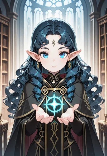 masterpiece, best quality, amazing quality,,<lora:afkArenaIllustrious:1>
afkarenastyle,
1girl, female elf, solo, casting spell, magic aura, portrait, female focus, slim, long hair, hair swept to one side, light skin, smile, looking at viewer, outdoors, beautiful, black cloak with gold trimming, earrings, indoors, arcane library, Curly Amy, blue eyes, pale complexion, black curly hair