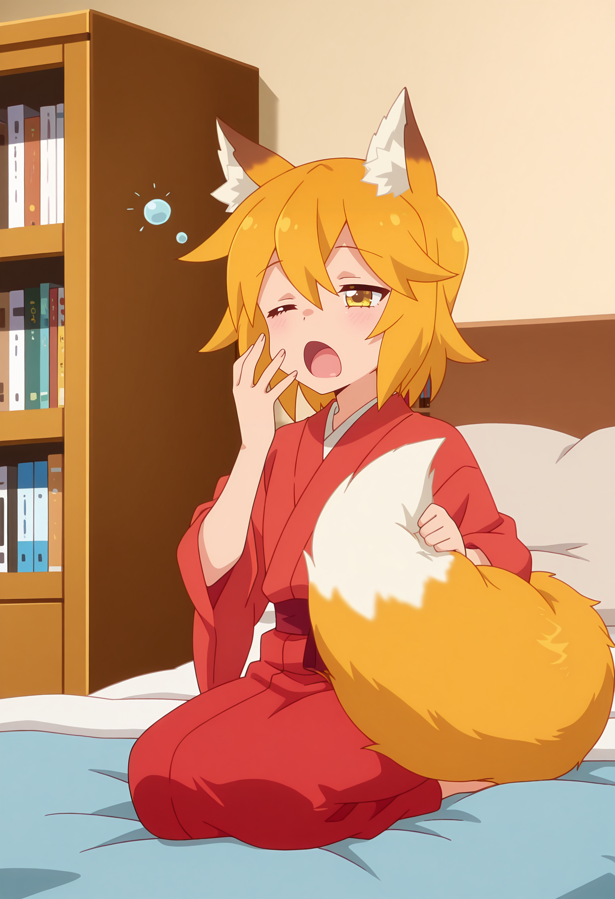 anime screencap, masterpiece, best quality,
<lora:SewayakiKitsune_Senko_IlluXL:0.9>,
1girl, solo, sleepy, squeans, yawning,
orange hair, short hair, yellow eyes, fox ears, fox tail,
red kimono, red sash,
holding own tail,
seiza, on bed,
indoors, living room, bookshelf