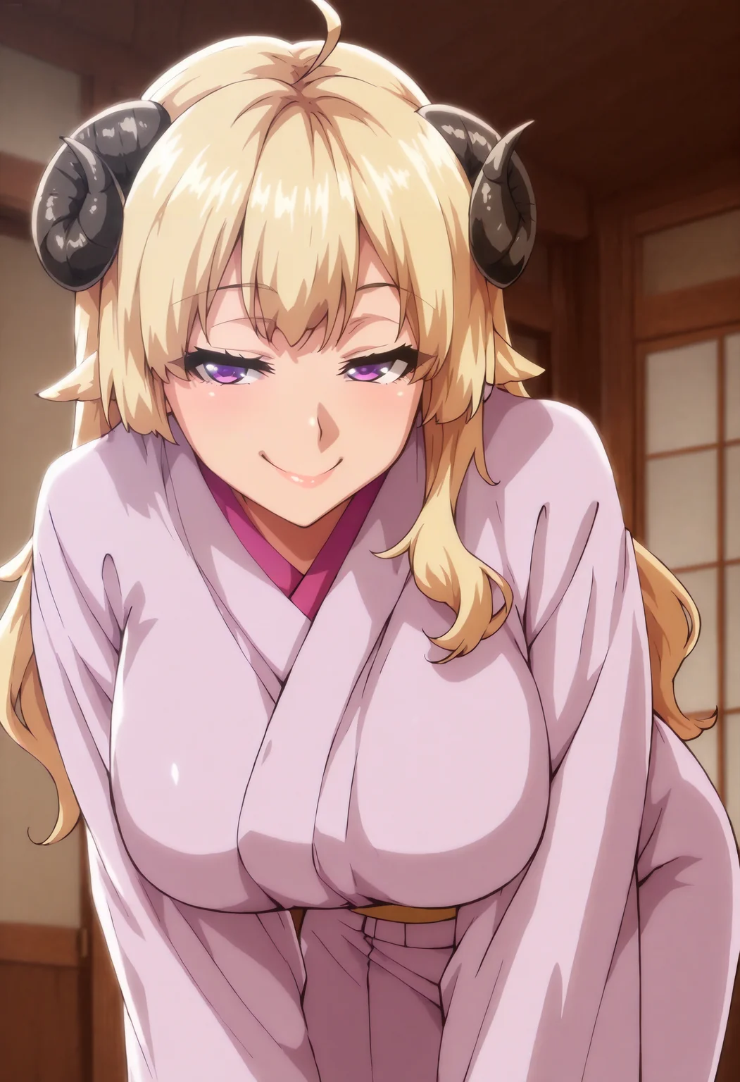 masterpiece, best quality, anime coloring, shiny skin, <lora:antechinusStyle_illusXL_Incrs_v2-000016:1>, 1girl, kimono, indoors, seductive smile, <lora:ChamTsunomakiWatameIllustriousXL:1> TsnmkWtm, horns, blonde hair, purple eyes, long hair, ahoge, leaning forward, smirk,