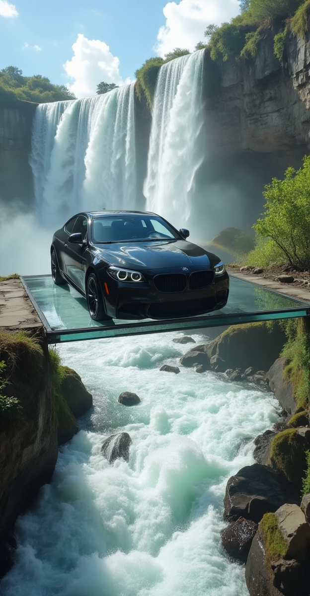 A low-angle shot captures the sleek black wheel, resting on a transparent glass bridge suspended over a massive cascading waterfall. Below, the rushing white water crashes into the jagged rocks, sending up a shimmering mist that catches the bright midday sun, creating a faint rainbow beneath the car. The wheelâs reflection appears almost suspended in midair, blending seamlessly with the skyâs reflection on the glass surface. The entire scene feels unrealâa place caught between nature and machine, stillness and motion.
<lora:Liminal-Space-Flux:0.7>  <lora:ral-nssndtsn:0.9>