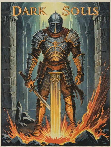 Vintage illustration of movie poster for Dark Souls , <lora:Wizards_Vintage_Golden_Age_Illustrations:1>