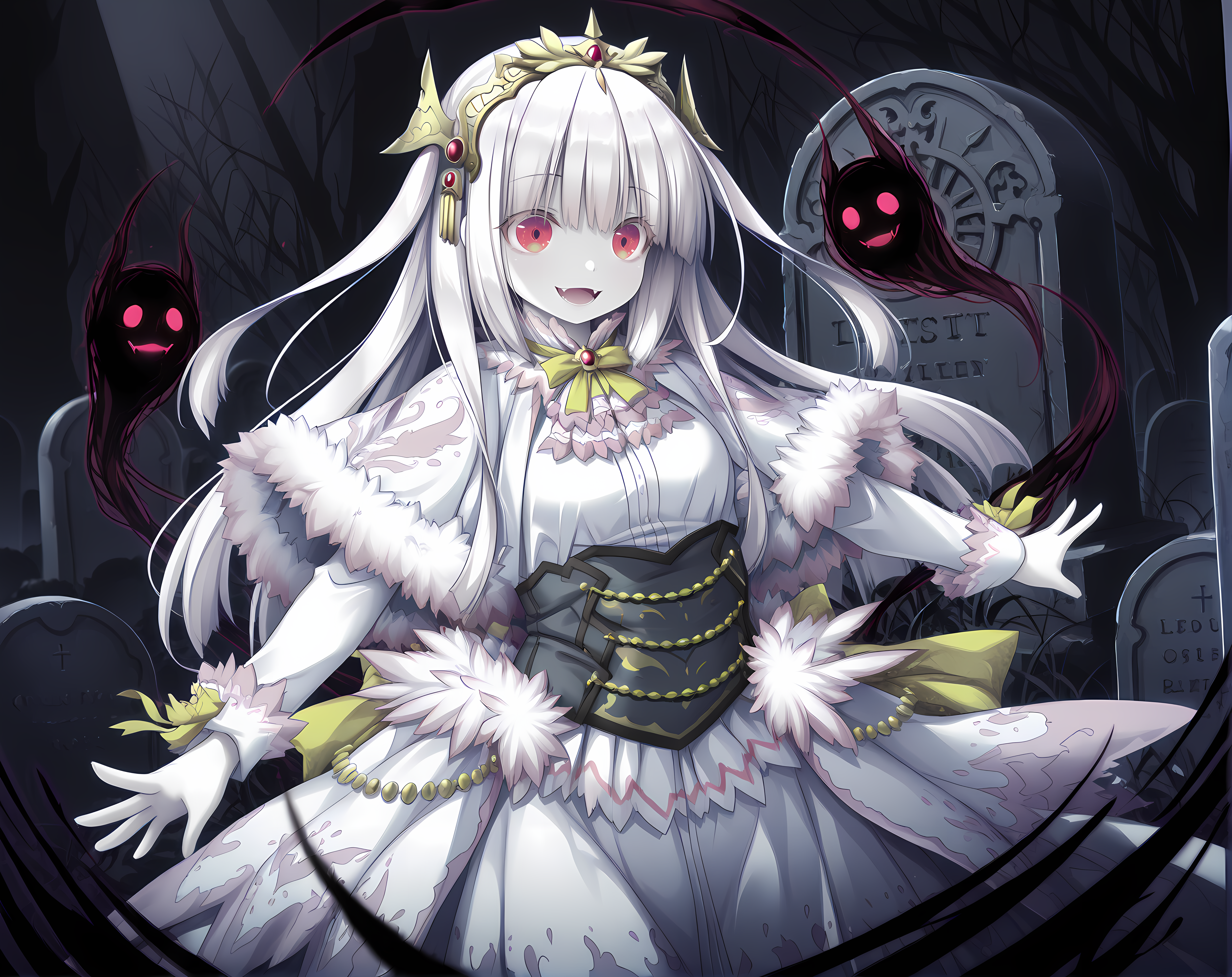 <lora:Lilica>,lilica,solo,small breasts,white hair,long hair,base outfit,bangs,red eyes,two side up,tiara,(dark shadows:0.7),(high contrast:0.7),volumetric lighting,intricate details,depth of field,limited palette,glowing,psychedelic,black theme,ghost,graveyard,horror \(theme\),possessed,dark aura,shadow,open mouth,smile,fangs,, masterpiece,best quality,amazing quality, very aesthetic, absurdres,detailed eyes,ultra-detailed,