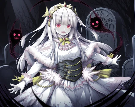 <lora:Lilica>,lilica,solo,small breasts,white hair,long hair,base outfit,bangs,red eyes,two side up,tiara,(dark shadows:0.7),(high contrast:0.7),volumetric lighting,intricate details,depth of field,limited palette,glowing,psychedelic,black theme,ghost,graveyard,horror \(theme\),possessed,dark aura,shadow,open mouth,smile,fangs,, masterpiece,best quality,amazing quality, very aesthetic, absurdres,detailed eyes,ultra-detailed,