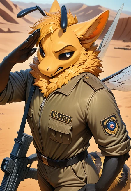 photorealism, photorealistic, depth of field, detailed fur,     male, solo, 1boy, adult, male focus, (sunb3e:1.2), wings, colored sclera, (looking at viewer:1.1), insect wings, yellow body, fluffy tail, nostrils, clothed, clothes,   flirty expression, seductive glance,   (masterpiece, best quality, very aesthetic, newest, 2024), (artist:syuro:0.8), (artist:nomax:0.5), (artist:honovy:0.6), (artist:kenket:0.6), (artist:taran fiddler:0.6),  <lora:Sunbee_OC_Illustrious_r2.safetensors:1.0>,  salute, military uniform, holds assault rifle, stands straight, battlefield, injury, military action, angry, desert, military vehicle,