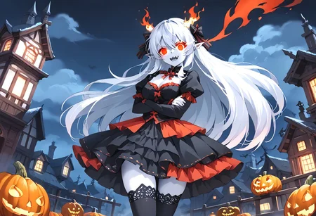 (masterpiece), (score_9, score_8_up, score_7_up,source_anime), 4K8K, 
(from front), misty, steam, fog, Floating Halloween pumpkins, 
halloween, halloween fantasy, 
Japanese cute woman, (solo), (white skin:1.3),  vampirequeen, (crossed arms, pigeon-toed), burning pumpkin, (dark aura:1.4), (smirk, half-opened mouth, Canine, tooth, fang1.2), 
(medium figure:0.9), (pointy breasts:1.1), 
(white hair, verry long hair), (red glowing eyes, slanted eyes:1.2), 
(wearing vampire cos, dress, makeup, red and black dress, zettai ryouiki, thighhighs:1.2), 
(BloforMB, red theme, scenery at dark night:1.3), elf ears,