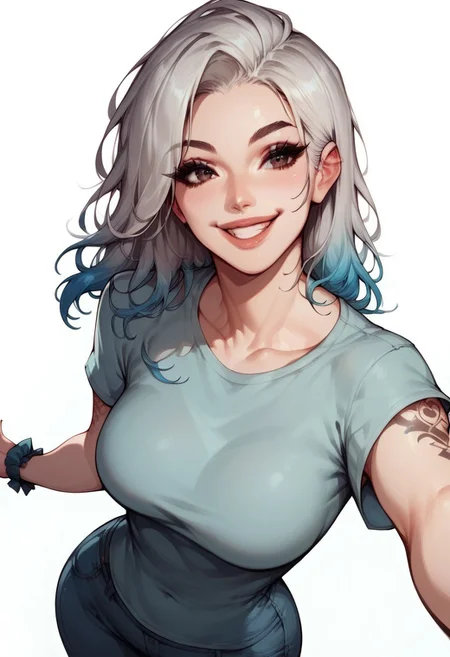 score_9, score_8_up, score_7_up, score_6_up, 1girl, Laura, LauraRH, shoulders length hair, straight hair, platinum hair, (blue) gradient hair, dark eyes, cute face, meduum breasts, curvy, large hips, pale skin, (cyan) t-shirt, denim lants, posing, pinup pose, white background, aesthetic, high angle view, standing up, face closeup, little wrist tattoo, dutch angle, smiling