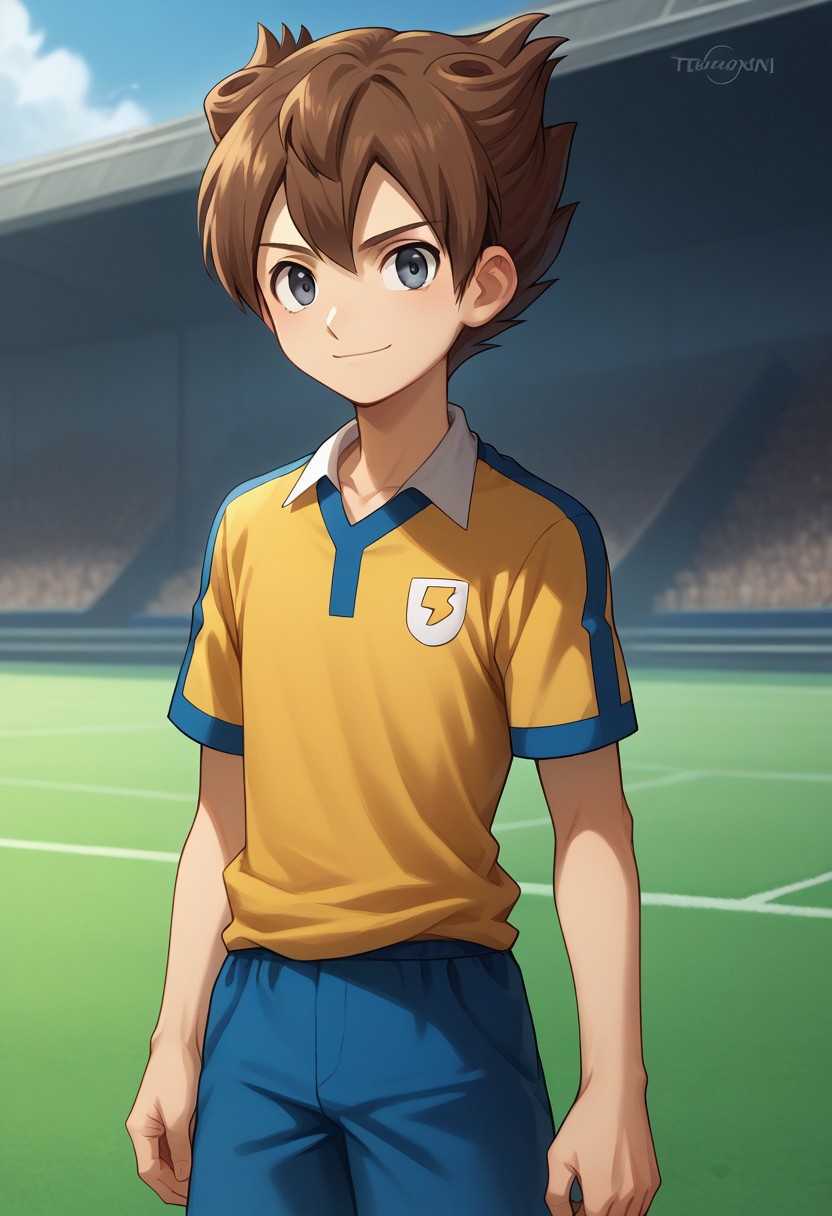 score_9, score_8_up, score_7_up, source_anime, highly detailed, 
tenma, 1boy, male focus, solo, brown hair, grey eyes, sportwear, soccer uniform, raimon soccer uniform, raimon, smile,
outdoor,