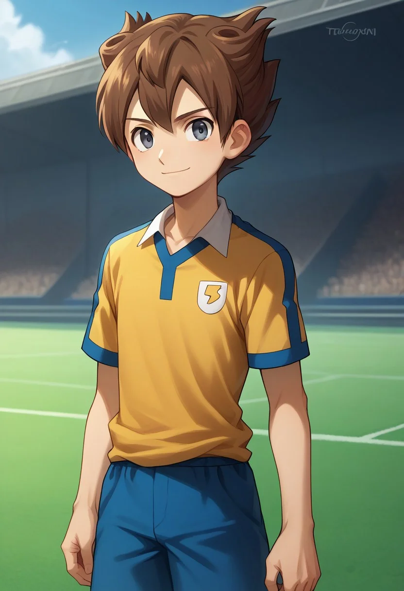 score_9, score_8_up, score_7_up, source_anime, highly detailed,
tenma, 1boy, male focus, solo, brown hair, grey eyes, sportwear, soccer uniform, raimon soccer uniform, raimon, smile,
outdoor,