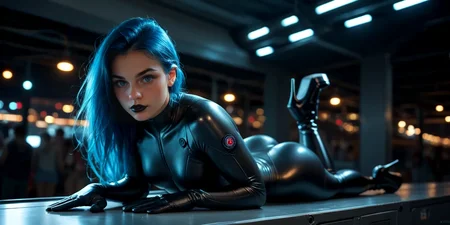 score_9, score_8_up, score_7_up, score_6_up, masterpiece, high quality, high detail, dynamic pose, BREAK,
close up of young woman in a futuristic skintight space suit with lights and computers, blue hair, blue eyes, black lipstick, beautiful face, make up, sexy pose, full body view, high heels platform boots, nsfw, 18+,  <lora:detailed_notrigger:1>