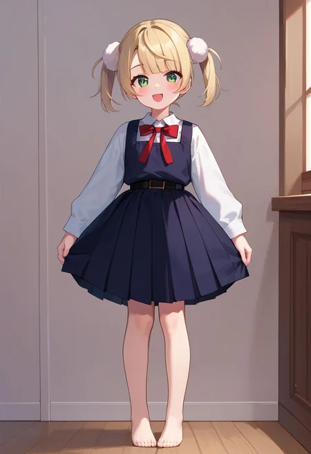 score_9, score_8_up, score_7_up, score_6_up, score_5_up, score_4_up, source_anime, masterpiece,
fair skin, cute, young, petite, thin waist, beautiful legs, barefoot, blushing,
look at viewer, from front, straight-on, full body view,
shigureui-requiem,shigure ui \(vtuber\),green eyes, blonde hair,short hair,twintails,pom pom hair ornament,pinafore dress,
standing,