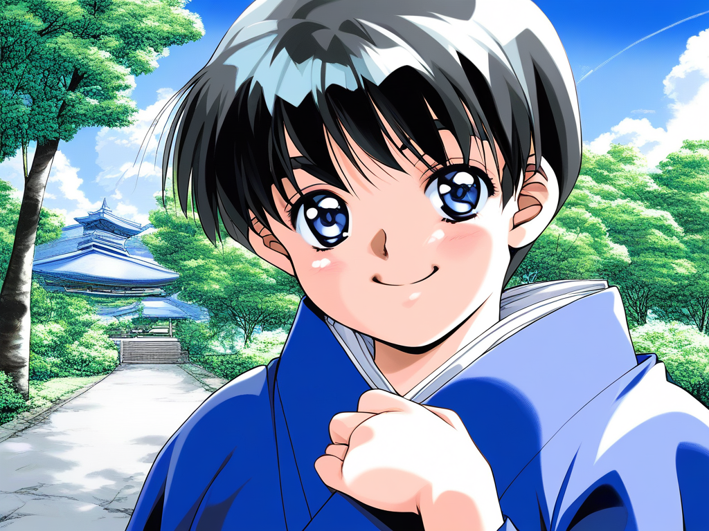score_9, score_8_up, score_7_up, source_anime, rating_explicit, BREAK <lora:Shinohara_Izumi_XL:1>Shinohara_Izumi, black hair, blue eyes, short hair, bangs, small breasts, 
solo, japanese clothes, blue eyes, outdoors, day, kimono, 
smile, looking at viewer, tree, short hair, sky, 1girl, male focus, 1990s (style), long sleeves, blue kimono,  black hair