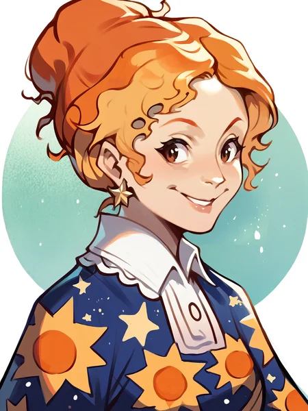 score_9, score_8_up, score_7_up, score_6_up, score_5_up,  <lora:HCXLP:1> hc,  <lora:msfrizzleXLP:1> ms frizzle, orange hair, 1girl, solo, smile, single hair bun, print dress