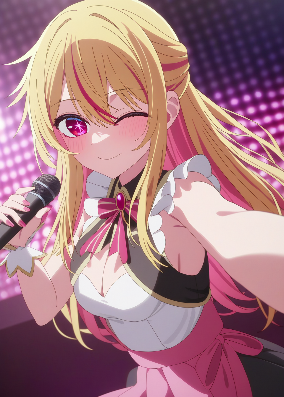 best quality,masterpiece,highres,absurdres,newest,rating: rating: questionable,  <lora:Ruby_Hoshino_XL-step00001400:0.9> ,(ruby_hoshino, blonde hair, bangs, 1girl,  pink eyes, long hair, looking at viewer, red eyes, streaked hair,hair between eyes),(stage:1.1),smile,one eye closed, microphone, dancing, idol costume,