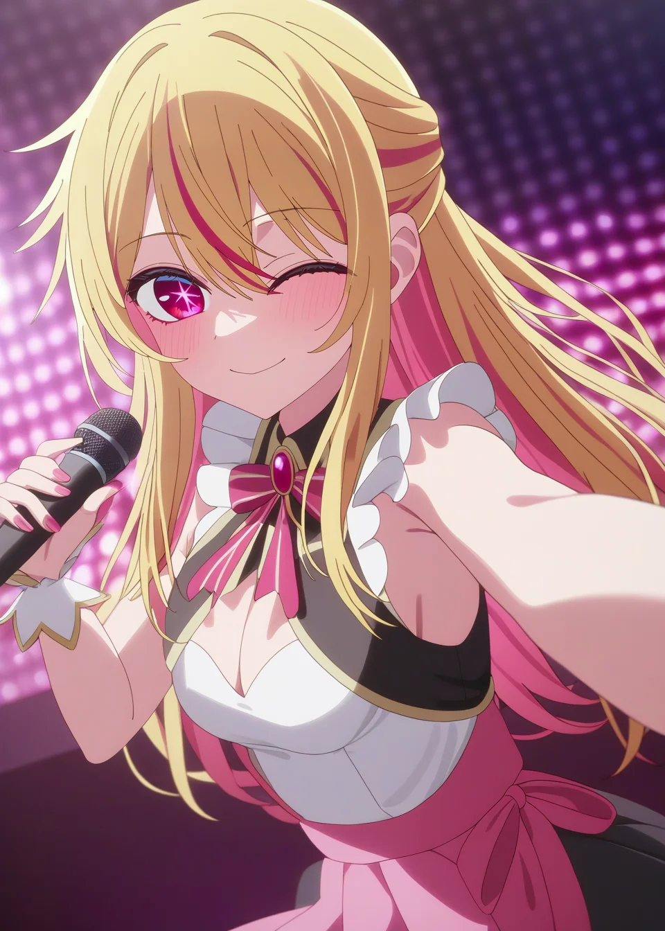 best quality,masterpiece,highres,absurdres,newest,rating: rating: questionable,  <lora:Ruby_Hoshino_XL-step00001400:0.9> ,(ruby_hoshino, blonde hair, bangs, 1girl,  pink eyes, long hair, looking at viewer, red eyes, streaked hair,hair between eyes),(stage:1.1),smile,one eye closed, microphone, dancing, idol costume,