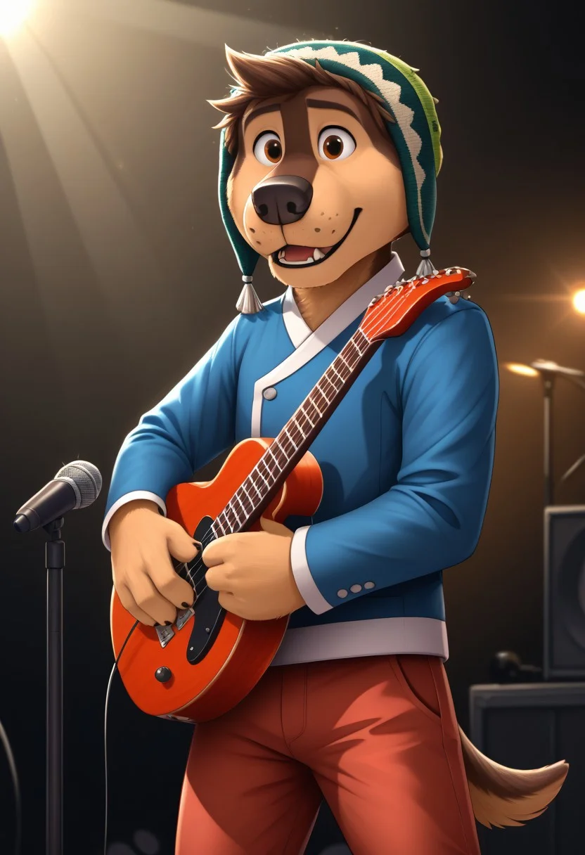 score_9, score_8_up, score_7_up, cartoon_style, ((by BodiPhant0m)), byBodiRDz, 4k, 8k, The best quality, very well drawn, detailed,
high quality, detailed, 4k, high resolution, high quality, high resolution, outdoors, furry character, canine, 2d, solo, 
rockdog, bodi, style rock dog, movie style, style[rockdog], rockdog, male, tibetan mastiff, mastif, dog boy, dog, bodi, Tibetan Mastiff with brown-and-tan fur with tan fur on his muzzle, hands and feet black nose, brown eyes and black trimmed claws, blue Tibetan jacket with a white trim, white cuffs and a white belt, red-orange pants with white cuffs and a green Tibetan beanie cap with locks of his mane poking out from the front,
teeth, blurry background, furry, spotlight, dog, music, guitar, furry_male, playing_instrument, holding instrument, instrument, microphone, furry, dog tail, guitar, microphone_stand, concert,
(sexy), naked, exposed, easynegative, Split Lighting style, partially covered in shadow