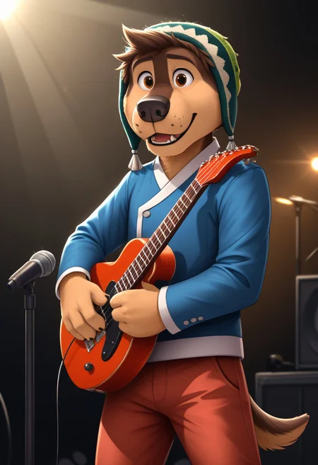 score_9, score_8_up, score_7_up, cartoon_style, ((by BodiPhant0m)), byBodiRDz, 4k, 8k, The best quality, very well drawn, detailed,
high quality, detailed, 4k, high resolution, high quality, high resolution, outdoors, furry character, canine, 2d, solo, 
rockdog, bodi, style rock dog, movie style, style[rockdog], rockdog, male, tibetan mastiff, mastif, dog boy, dog, bodi, Tibetan Mastiff with brown-and-tan fur with tan fur on his muzzle, hands and feet black nose, brown eyes and black trimmed claws, blue Tibetan jacket with a white trim, white cuffs and a white belt, red-orange pants with white cuffs and a green Tibetan beanie cap with locks of his mane poking out from the front,
teeth, blurry background, furry, spotlight, dog, music, guitar, furry_male, playing_instrument, holding instrument, instrument, microphone, furry, dog tail, guitar, microphone_stand, concert,
(sexy), naked, exposed, easynegative, Split Lighting style, partially covered in shadow