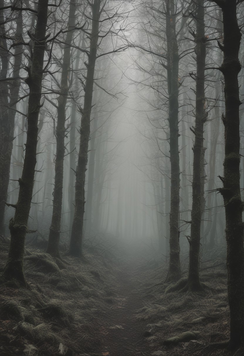 Dark forest, cursed trees, thick forest, defiled fog, black fungi, spores, poisonous forest, dark green fog