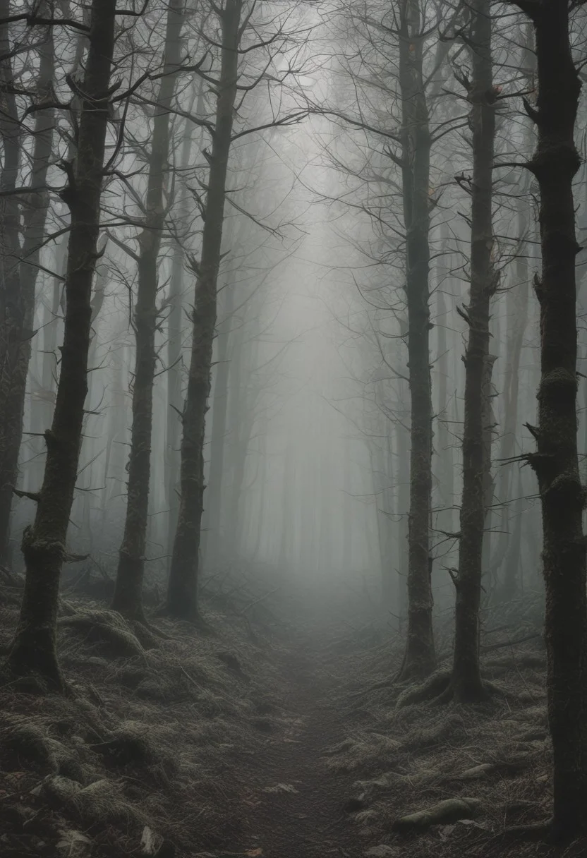 Dark forest, cursed trees, thick forest, defiled fog, black fungi, spores, poisonous forest, dark green fog