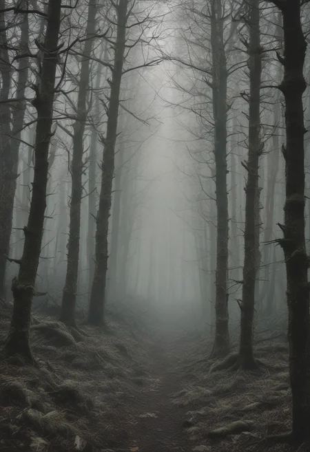 Dark forest, cursed trees, thick forest, defiled fog, black fungi, spores, poisonous forest, dark green fog