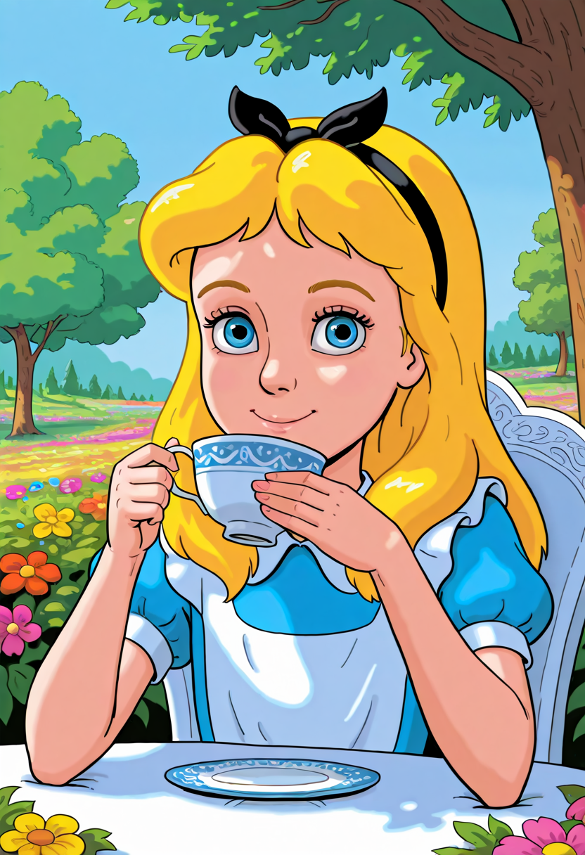 DisneyAlice,1girl, blonde hair,solo, blue eyes, long hair, hairband,smile,holding_cup,teacup,drinking,white table, looking_at_viewer, portrait,upper_body,outdoors,day,flower,tree,colorful,F8GB4NK