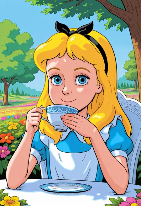DisneyAlice,1girl, blonde hair,solo, blue eyes, long hair, hairband,smile,holding_cup,teacup,drinking,white table, looking_at_viewer, portrait,upper_body,outdoors,day,flower,tree,colorful,F8GB4NK