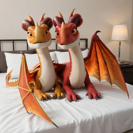 score_9, score_8_up, score_7_up, score_6_up, score_5_up, score_4_up, masterpiece, high quality, realistic, detailed, best quality, white bed, (duo, 2girls), rating_safe, source_furry, bedroom, smiling, seductive, ((looking at viewer, lying on belly, on bed)), feral, BREAK, cinda_rr, dragon, fire fury, orange scales, horns, red wings, tail, claws, orange eyes, yellow sclera, BREAK, laburn_rr, dragon, fire fury, red scales, horns, orange wings, tail, claws, orange eyes, yellow sclera