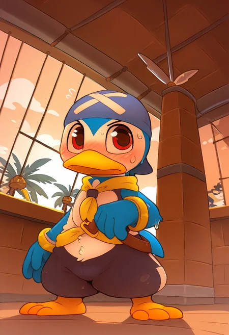 score_9, score_8_up, score_7_up, full body, cartoon, toony, antropomorphic penguin ,penguin, dungeon, barefoot, wet, sweat, blush, , solo,, penguin, blu fur,by Backsash,three toes, blu skin ,detailed background,blu hands, ship,palm trees ,sea