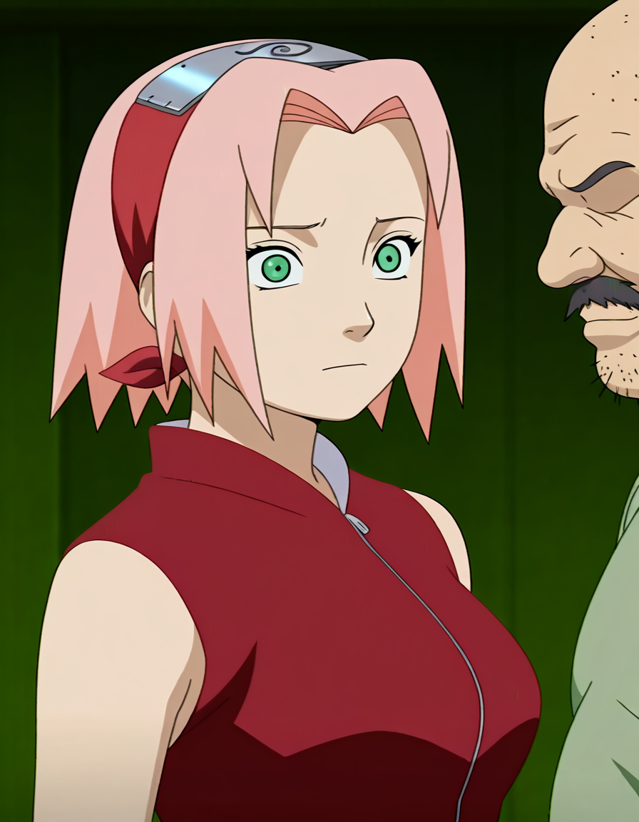 masterpiece, best quality, amazing quality,, <lora:sakura-haruno-shippuden-s1-illustriousxl-lora-nochekaiser:1>, sakura haruno, short hair, green eyes, pink hair, parted bangs, hairband, forehead protector, mature female, medium breasts, anime screencap, <lora:faceless-ugly-man-illustriousxl-lora-nochekaiser:1>, faceless ugly man, faceless, ugly man, fat, faceless male, fat, bald, mature male,,