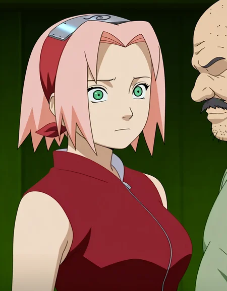 masterpiece, best quality, amazing quality,, <lora:sakura-haruno-shippuden-s1-illustriousxl-lora-nochekaiser:1>, sakura haruno, short hair, green eyes, pink hair, parted bangs, hairband, forehead protector, mature female, medium breasts, anime screencap, <lora:faceless-ugly-man-illustriousxl-lora-nochekaiser:1>, faceless ugly man, faceless, ugly man, fat, faceless male, fat, bald, mature male,,