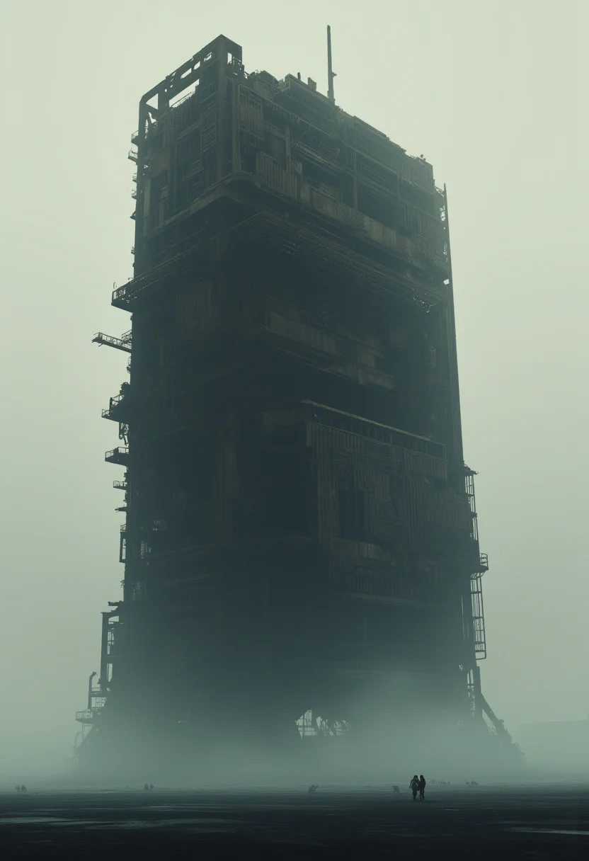 A dark atmospheric digital painting of a massive dilapidated industrial structure on a foggy desolate beach. The structure resembling a decaying factory looms large with intricate rusted details. The sky is overcast casting a muted eerie light. Small groups of people are scattered near the base adding scale. The perspective is low emphasizing the structure's imposing height. The overall mood is somber and foreboding <lora:- Flux1 De-Distilled - the_edgy_mech_1.0:0.8>