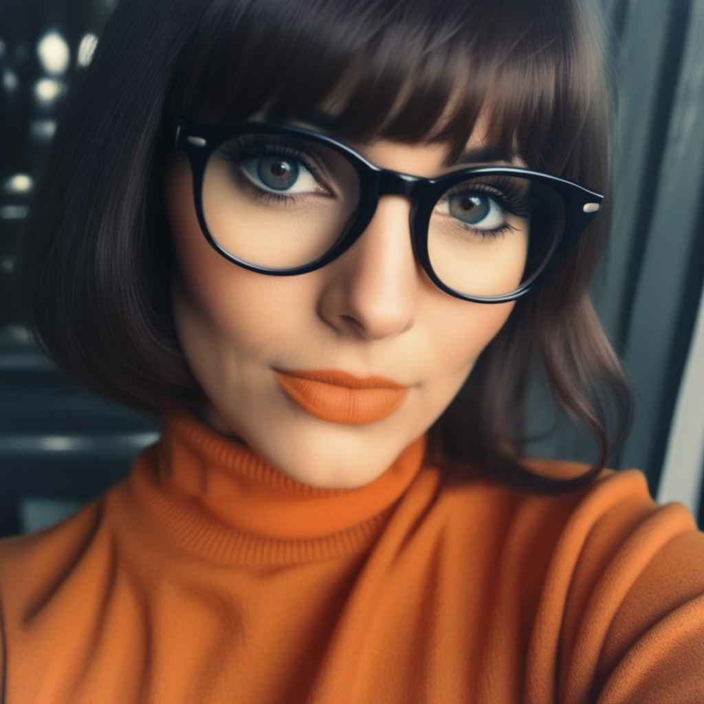 analog film photo A woman with glasses and an orange tutleneck, closeup face portrait <lora:Velma1024-000360:0.8> . faded film, desaturated, 35mm photo, grainy, vignette, vintage, Kodachrome, Lomography, stained, highly detailed, found footage