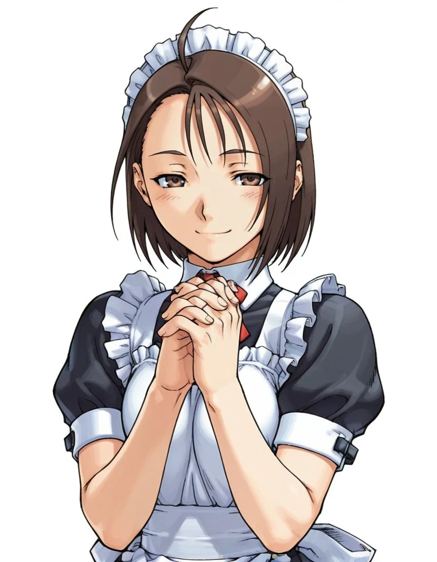 masterpiece, best quality, <lora:Akira_Kazama_Rival_Schools_-_IL:1>, 4kira, 1girl, blush, smile, short hair, brown hair, 1girl, ahoge, maid,maid headdress, own hands together, interlocked fingers, own hands clasped, upper body, (solo:1.2),
, edaki shin'ya, kazama akira,