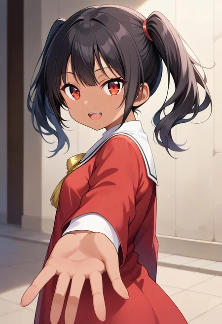 score_9, haphut, dark skin, red eyes, black hair, twintails, <lora:looking-back-reaching-towards-viewer-ponyxl-lora-nochekaiser:1>, looking back reaching towards viewer, looking at viewer, solo focus, smile, looking back, open mouth, reaching towards viewer, source_anime, ntm,