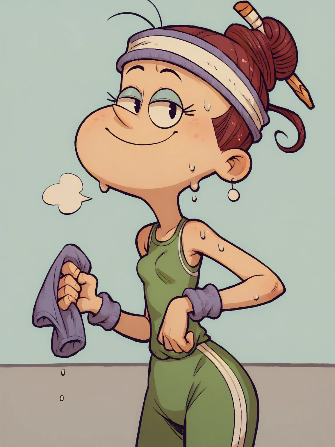 <lora:AgnesJohnsonPony1.0:1>agnesj, solo, 1girl, belt, smile, hair bun, standing, gym uniform, headband, sweatband,looking at viewer, sweat, wiping sweat,  score_9, score_8_up, score_7_up, score_6_up, score_5_up, score_4_up