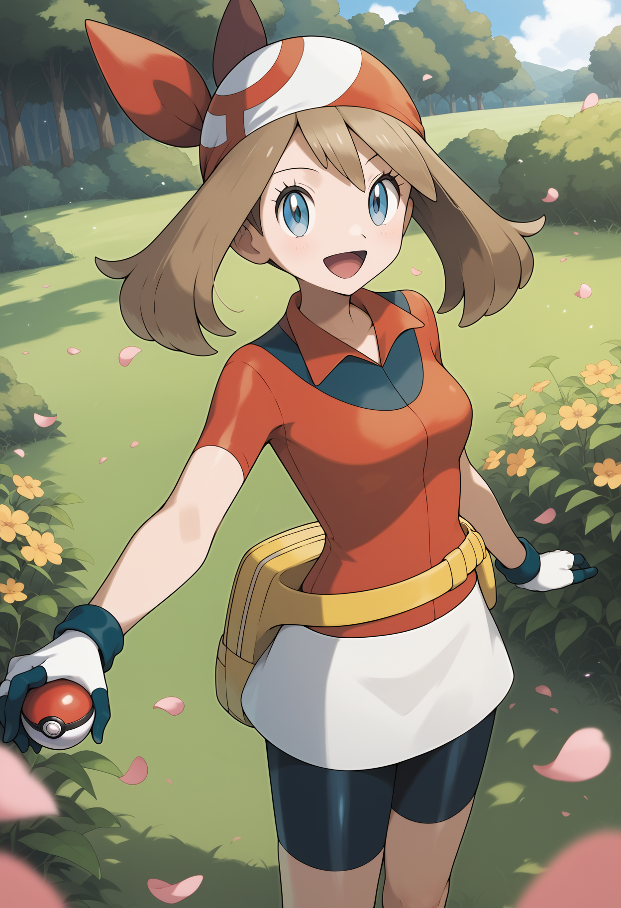 score_9, score_8_up, score_7_up, score_6_up, score_5_up, score_4_up, source_anime, aamay, brown hair, red bandana, blue eyes, breasts, collared shirt, red shirt, short sleeves, gloves, fanny pack, yellow belt, white skirt, bike shorts under skirt, bike shorts, <lora:may_(pokemon)_ponyxl_v1:0.9>, outdoors, field, standing, cowboy shot, smile, open mouth, holding poke ball, petals,