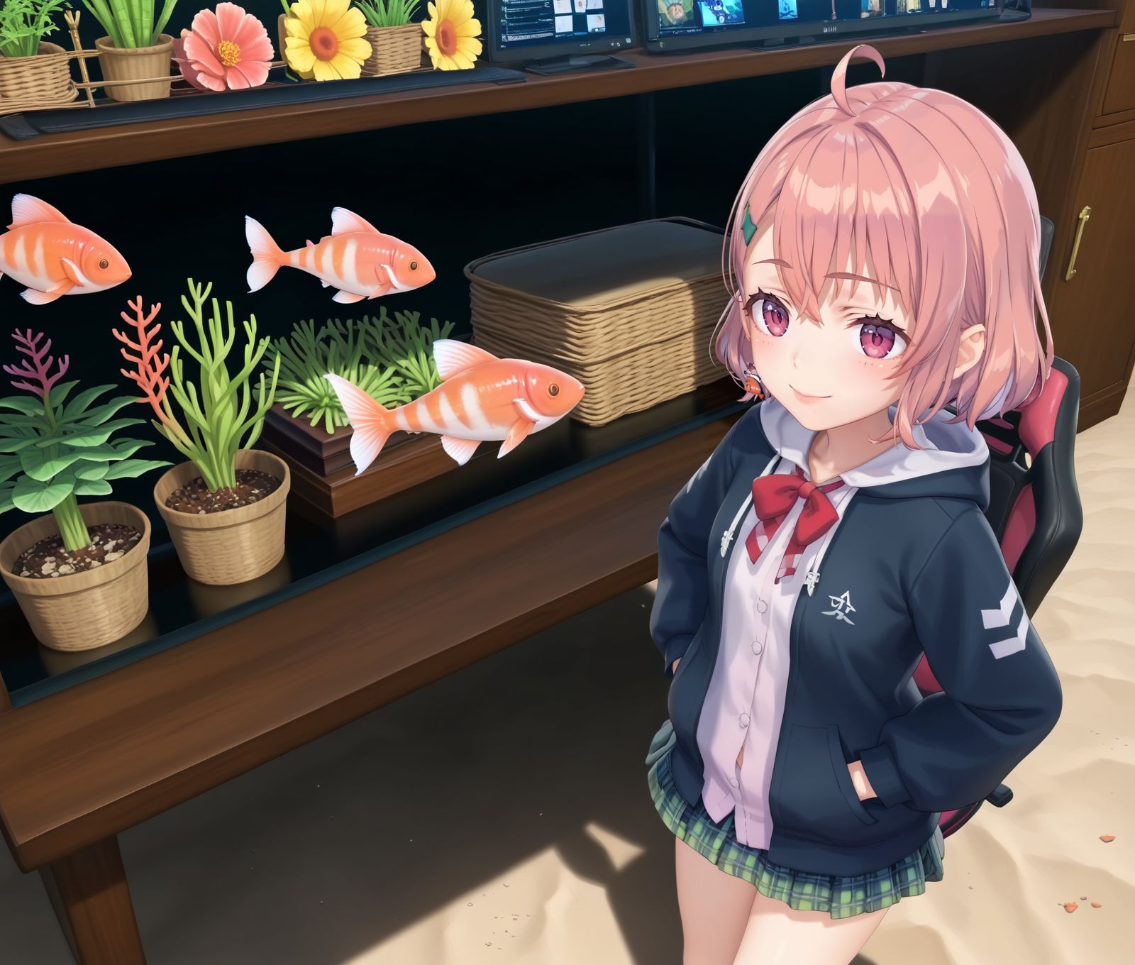 score_9, score_7_up, source_anime, perfect anatomy, <lora:add-detail-xl:1>, <lora:Hyperrealistic_mix:0.1> close up shot, 3D, realistic, 
detailed background, multicolored background, under sea, (seaweed, coral:0.7), fishes around, sunlight, vivid, 
BREAK
detailed background, multicolored background, under sea, (seaweed, coral:0.7), fishes around, sunlight, vivid, 
table, display, 
BREAK
detailed background, multicolored background, under sea, (seaweed, coral:0.7), fishes around, sunlight, vivid, 
gaming chair, table, display, 
a girl walking in the sea, hands in pockets, from above,  
1girl, solo, light smile, <lora:sasaki.pony:1> sasaki, aaa, long sleeves,