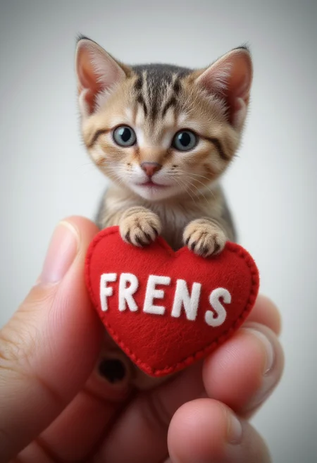 Professional photograph of a smiling happy microscopic kitten with a human smile sitting on her fingers and holding a felt heart that says FRENS in white letters.