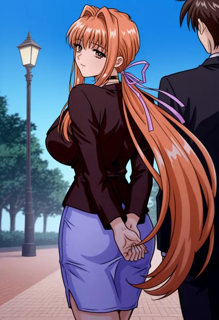 masterpiece, best quality, newest, highres, uncensored, 1girl, yokota mamoru style,1girl,
Takeuchi_Himeka OVA2, 1girl, very long hair,Waist Length hair, huge breasts, orange hair, low ponytail, Amber eyes,brown eyes, slim face,Slim,slender face,hair ribbon, choker
night, from behind, arms behind back, outdoors, lamppost, very long hair, skirt, black jacket, jacket, suit, long sleeves, formal, pencil skirt, sky, tree, skirt suit,blue jeans