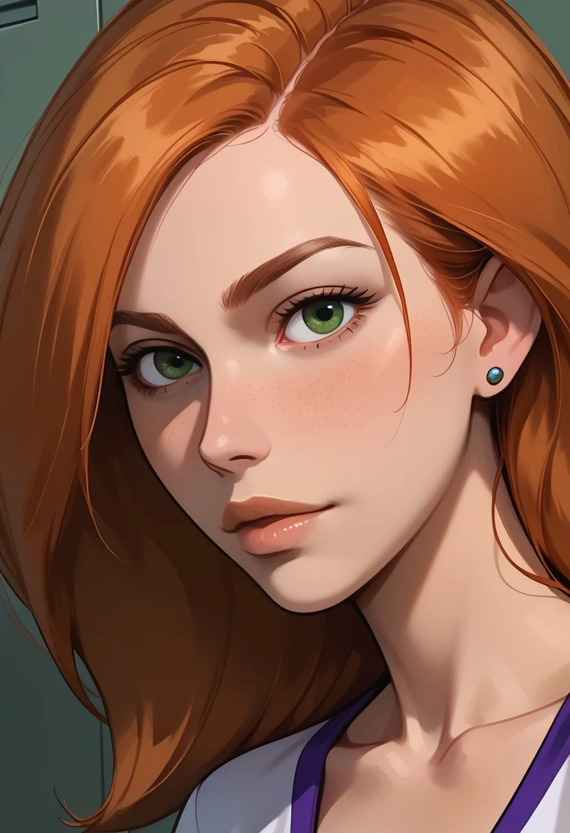 score_9, score_8, score_7, score_8_up, 1girl, bonnie and kim possible, (1petite, Kim Possible), Expressiveh, redhead, small neck, solo, freckles, (long hair, green eyes), smooth hair, medium hair, collarbone, side view, jewelry, piercings, close up view, (looking at viewer), close up view, in a school, light blue lockers, cheerleader top,