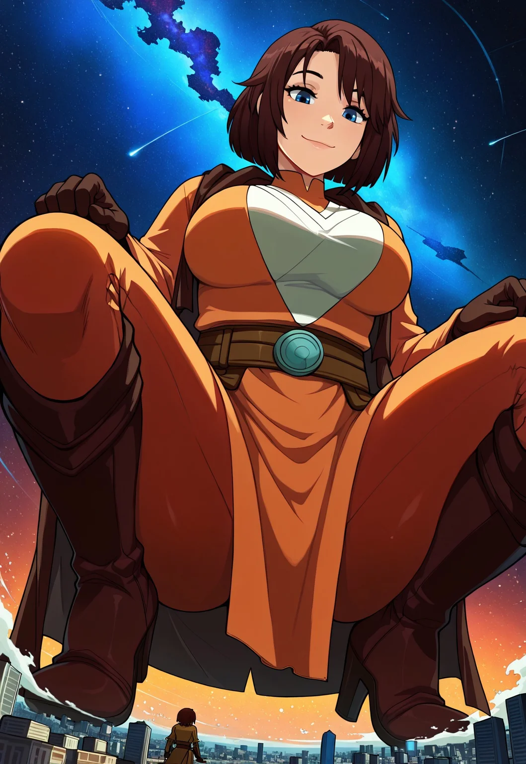Masterpiece, Best Quality, (high resolution), HmagoStyle, 1girl, cowboy shot, (((meetra surik))), short hair, brown hair, blue eyes, large breasts, jedi robe, gloves, high heel boots, giantess, planet size, squatting, looking down, gentle smile, from below,(((very tiny Cityscapes, tiny landscapes))), space background