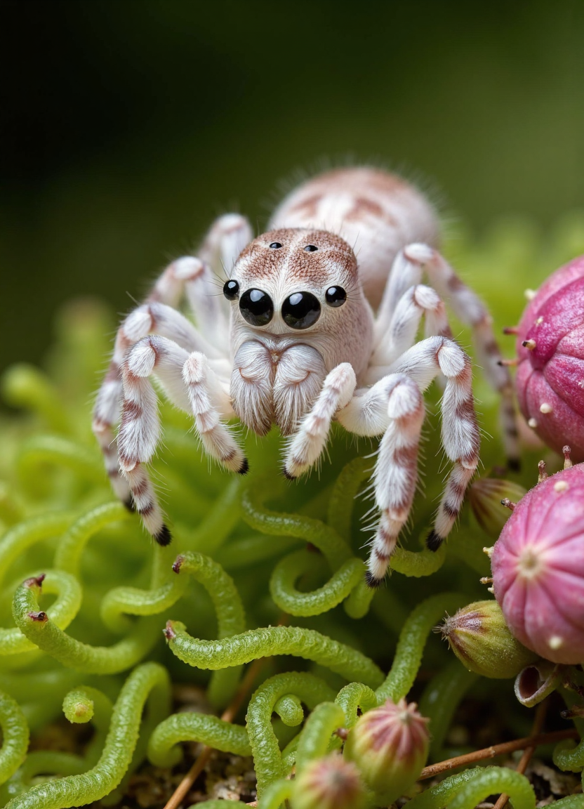 cinematic photo an exquisitely detailed macro photograph showcasing a vibrant, fluffy jumping spider perched delicately upon a bed of lush, emerald-green moss, emphasizing the creature's endearing and almost whimsical appearance, and highlighting the interplay of textures and light within a miniature, enchanting forest scene. The spider, the undeniable focal point, should be rendered with exceptional clarity, revealing its eight tiny legs, each tipped with minuscule claws gripping the moss, and its large, glossy, black eyes, reflecting the surrounding environment with captivating depth, showcasing an almost intelligent and curious gaze. The spider's body is predominantly white, adorned with a scattering of delicate, pale pink markings that mimic a subtle floral pattern, enhancing its charm and visual appeal, while a halo of long, feathery bristles erupts from its cephalothorax, creating a soft, ethereal aura around its head.
The background should be a blurred tapestry of moss and miniature pink flower buds, creating a shallow depth of field that draws the viewer's attention directly to the spider. Utilize soft, diffused lighting to mimic the gentle glow of sunlight filtering through a forest canopy, casting subtle highlights and shadows that accentuate the textures of the moss and the spiderâs fur. The moss should appear moist and vibrant, with individual strands and tiny imperfections visible, contributing to the overall realism and tactile quality of the image.  Focus should be razor-sharp on the spider's face, capturing every minute detail of its anatomy, while the pink flower buds, slightly out of focus, add a touch of whimsy and a sense of scale. 
The composition should be balanced and aesthetically pleasing, perhaps employing the rule of thirds to place the spider slightly off-center, creating visual interest. Consider a slightly upward angle, giving the spider a sense of importance and showcasing its full form. The overall mood should be one of quiet wonder and appreciation for the beauty of the natural world, revealing a hidden realm of miniature life. The color palette should be dominated by greens, pinks, and whites, with subtle variations in tone and saturation to create depth and visual complexity, ultimately delivering a photograph that is both scientifically accurate and artistically compelling, celebrating the intricate details of this tiny, fascinating creature. The image should evoke a feeling of tenderness and a desire to explore the hidden wonders of nature. . 35mm photograph, film, bokeh, professional, 4k, highly detailed