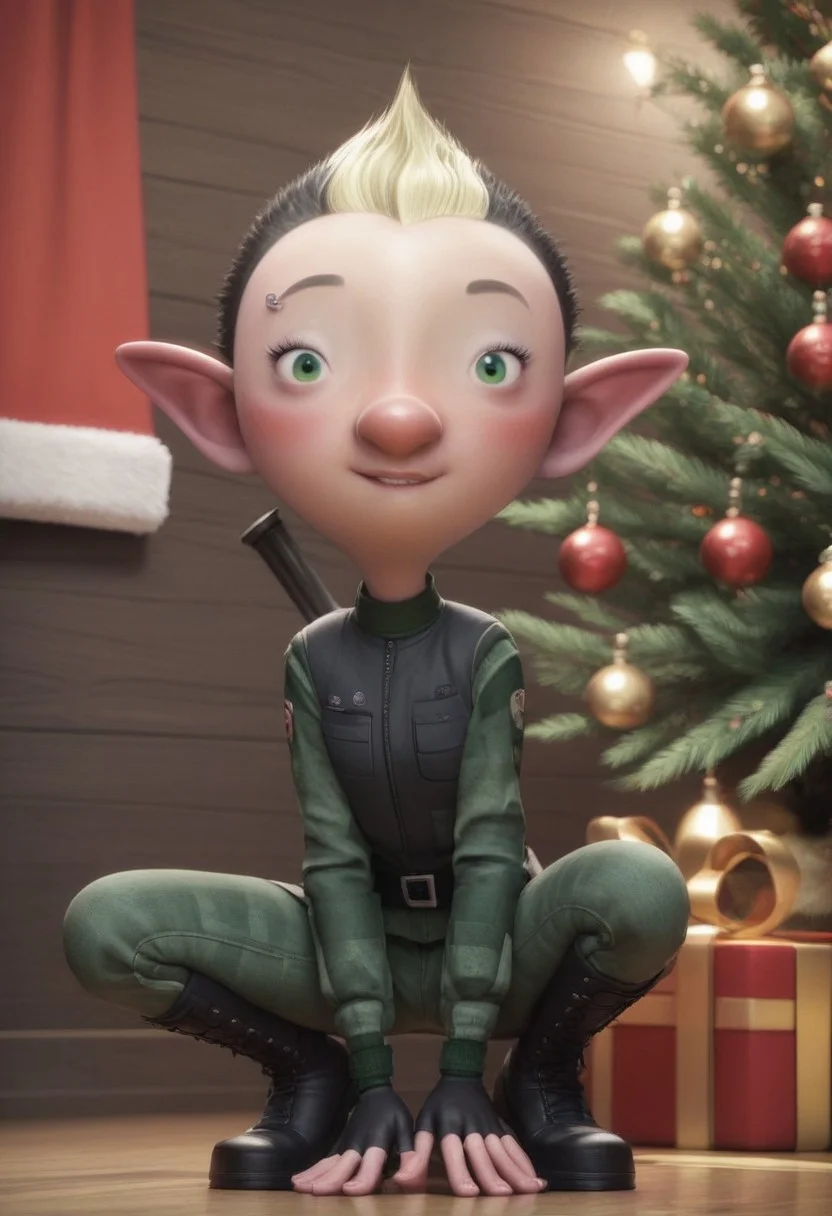 Bryony Shelfley, 1girl, elf, female elf, petite, black short hair, blond mohawk, pointy ears, elf ears, fingerless gloves, miliary uniform, black boots, piercing on right eyebrow, green eyes, small eyes, big nose, blush, score_8_up, score_7_up, BREAK, 1girl, solo, looking at viewer, eyes half closed, biting lips, female focus, looking at viewer, crouching, ninja pose, christmas tree on background, detailed background, 4k, masterpiece, best quality, highly detailed, 3d, full shot
