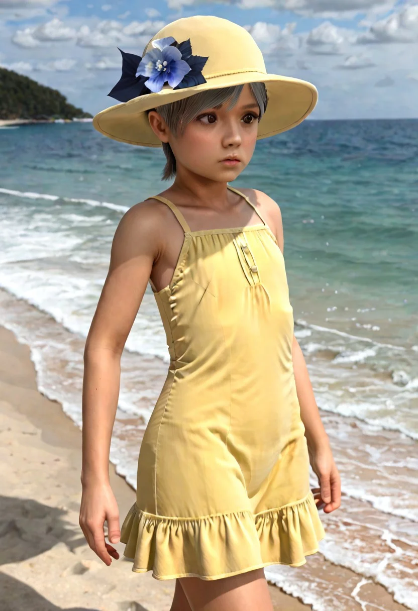 sunny-mgs4, short hair, grey hair, flat chest, brown eyes, wide hips, yellow dress, yellow hat, blue flowers on hat, ocean, beach, day, outdoors, bare arms, bare shoulders, solo, 1girl
