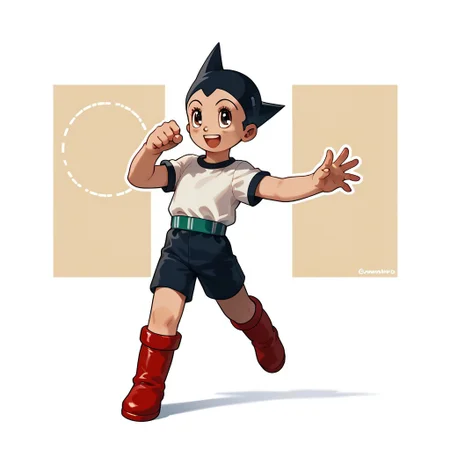 score_9, score_8_up, score_7_up, 1boy, solo, cute, happy, smiling, white outline, full-length, child-like robot, youthful expression, large almond eyes, black spiky hair, compact body, colorfull shorts, colorfull shirt, colorfull shoest, red boots, beige torso, mechanical lines, bold outlines, retro futuristic, cartoon style, resilience, innocence, strength, industrial background, powerful stance,, score_9, score_8_up, score_7_up, 1boy, solo,OsamuTezukaStyle,  cute, happy, smiling, white outline,  standing,, city background