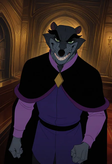 Masterpiece, best quality, high quality, detailed, male, solo male, 1boy, Jenner, rat, mature male, gray fur, thick black eyebrows, sharp teeth, green eyes, anthro, anthro male, indoors, looking at viewer, grinning, purple vest, black cloak, half body, black pants, half body, cowboy shot, dutch angle