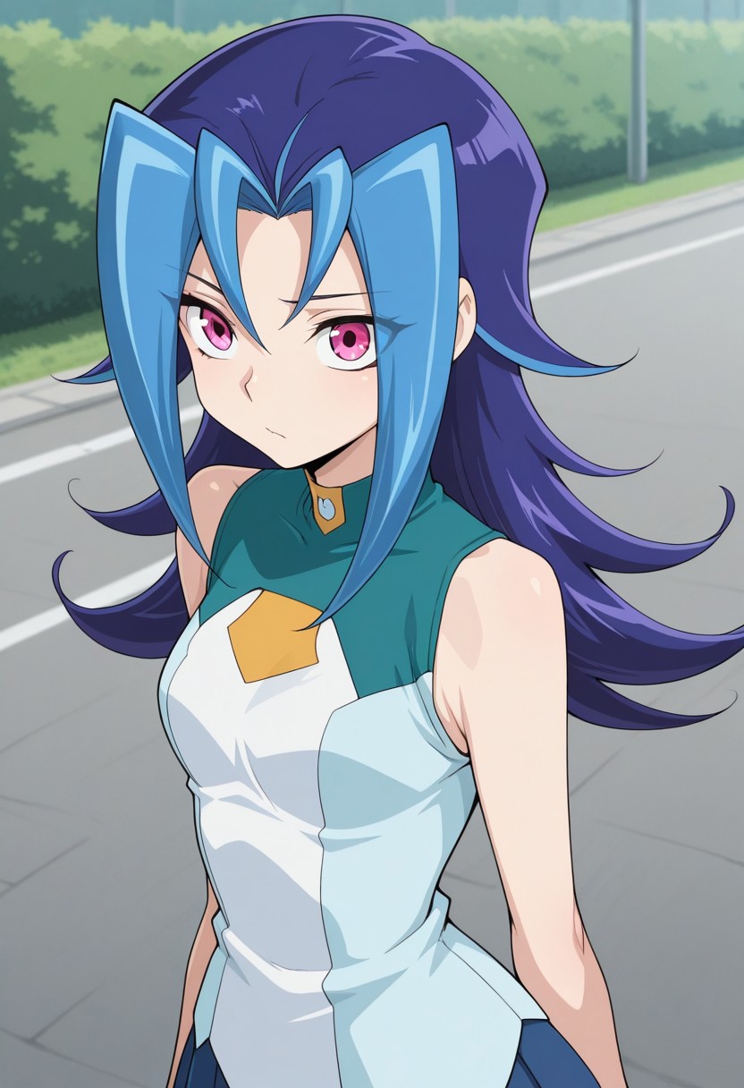 masterpiece,best quality,amazing quality, source_anime,
rioKamishi, 1girl, solo, pink eyes, multicolored hair, purple hair, blue hair, long hair, school uniform, shirt, multicolored shirt, sleeveless,
outdoor,