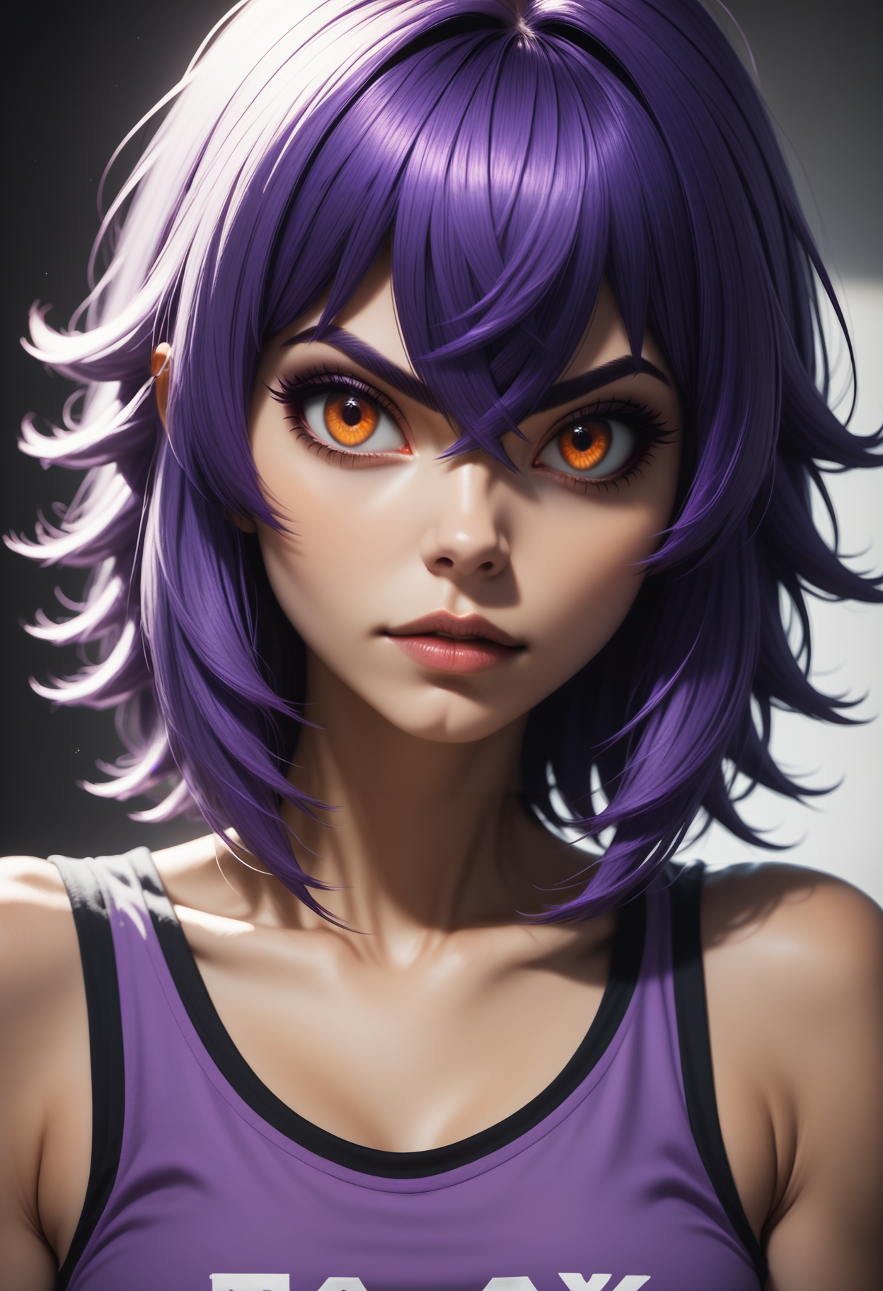 score_9, score_8_up, score_7_up,
1girl, solo, tank top, rating_safe,
 <lora:Dark_Amethyst_Pony_v0.1:0.5> d4rk4m3thyst, orange eyes, purple crossed bangs,