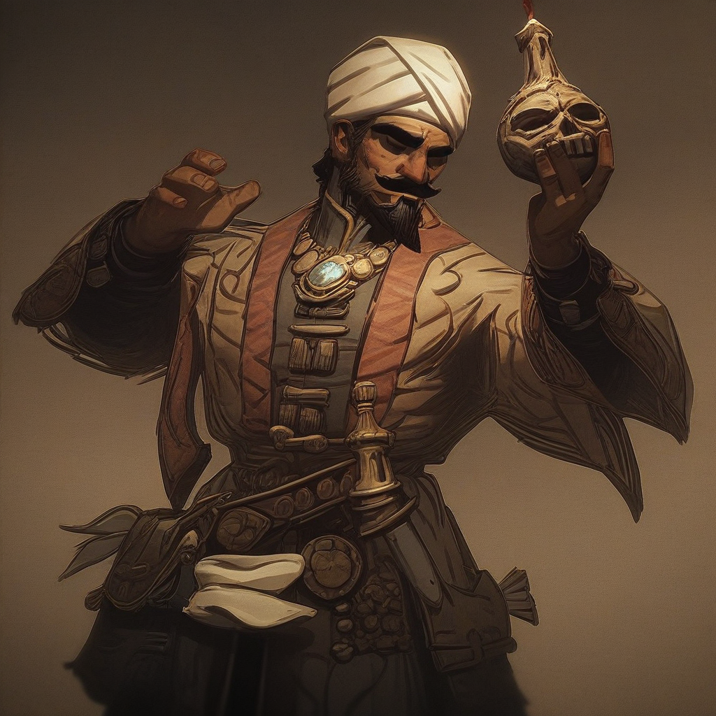 score_9, score_8_up, score_7_up, masterpiece, best quality, newest, absurdres, highres, DDstyle, official style, 1boy, DDOCC-V1.1, turban, headgear, facial hair, mustache, short hair, beard, arabian, arabian male,